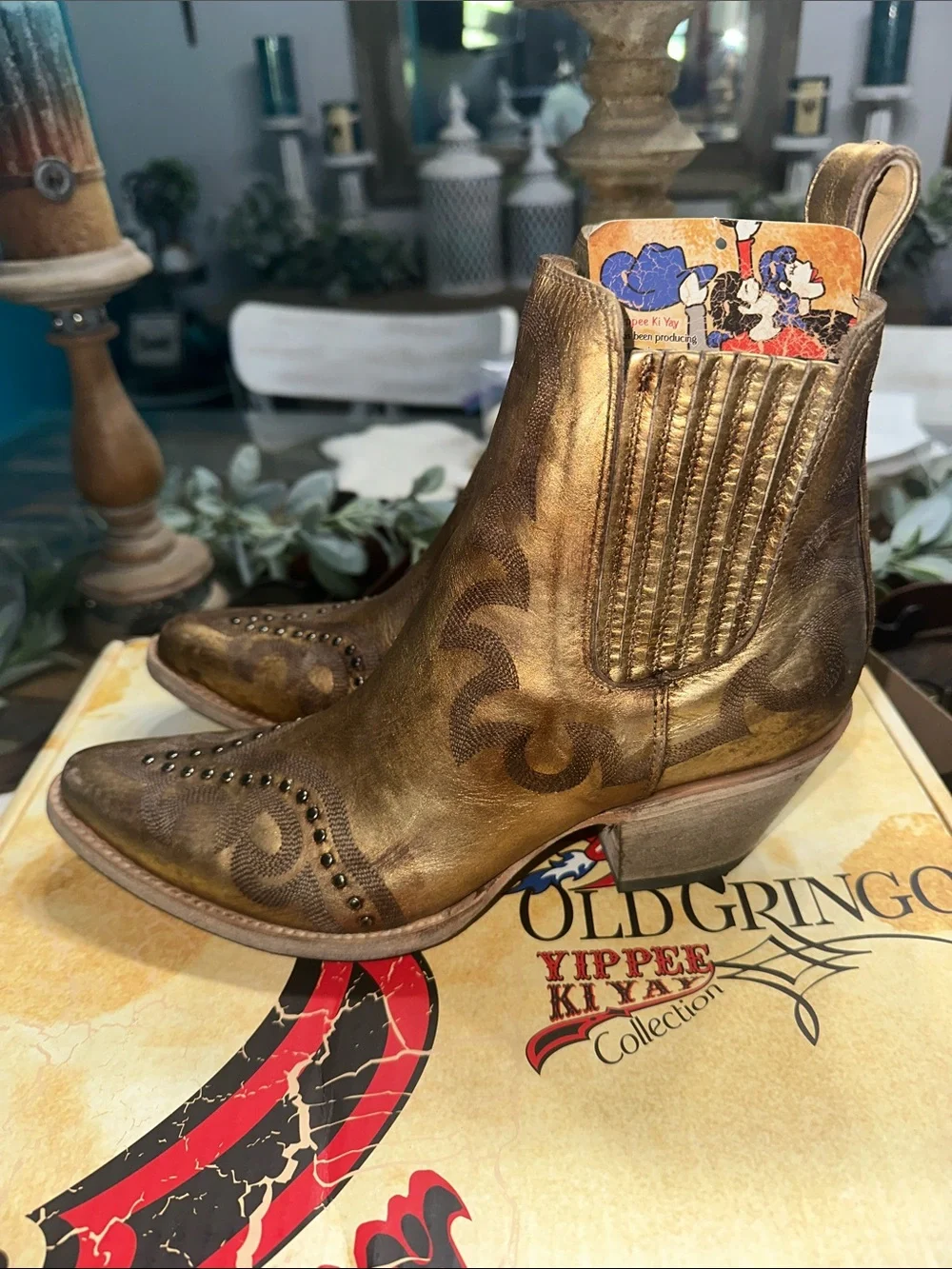 Old Gringo Golden Metallic Western Ankle Boots with Stud Detail